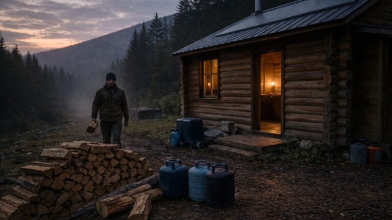 off-grid homestead at dawn with person carrying firewood toward cabin after long night
