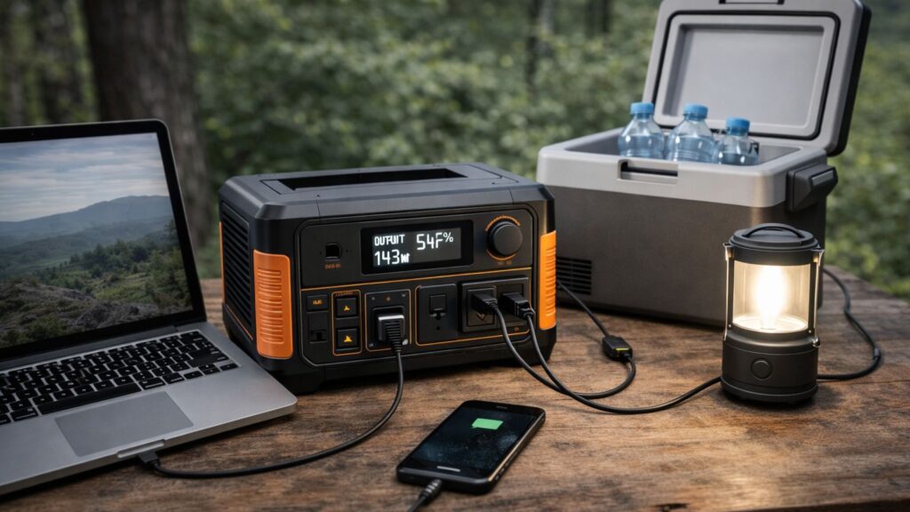 Portable power station running multiple devices including laptop, light, cooler, and phone simultaneously