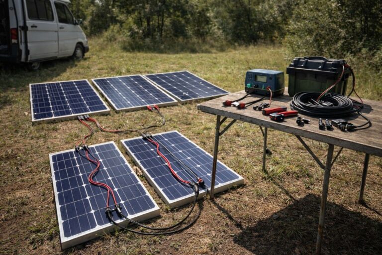 solar panels wired in series and parallel configuration with battery and charge controller setup outdoors
