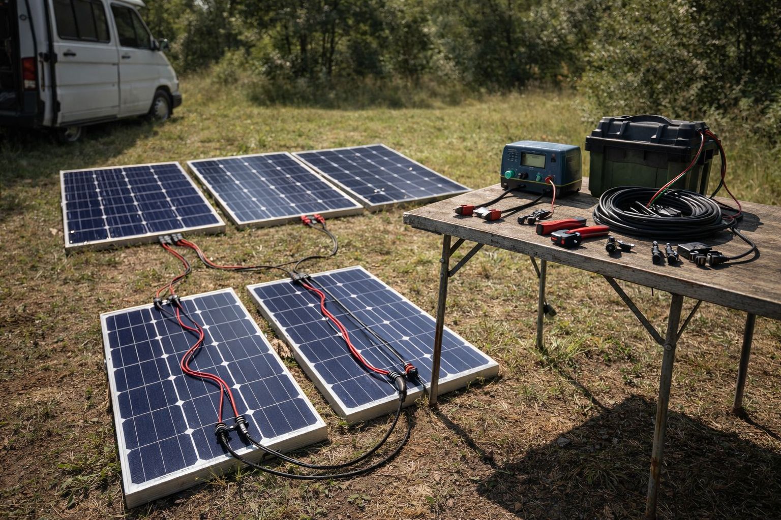solar panels wired in series and parallel configuration with battery and charge controller setup outdoors