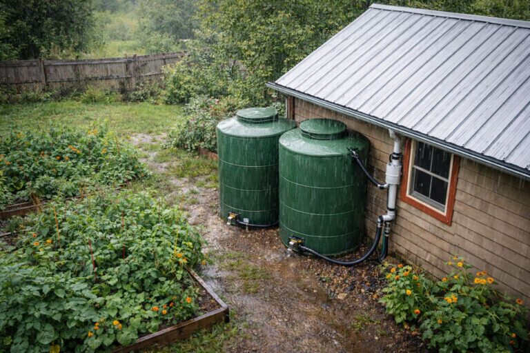 off grid rainwater harvesting system with large green storage tanks connected to roof gutter system in backyard garden setup