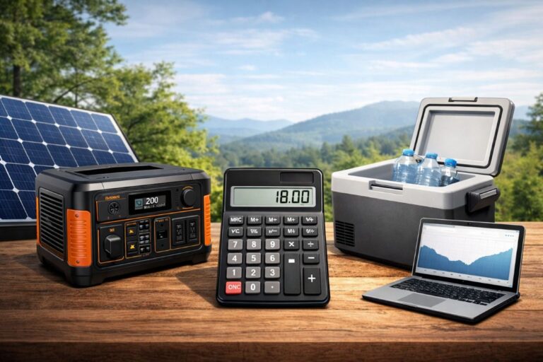 off grid battery runtime calculator with solar generator laptop and powered devices on table