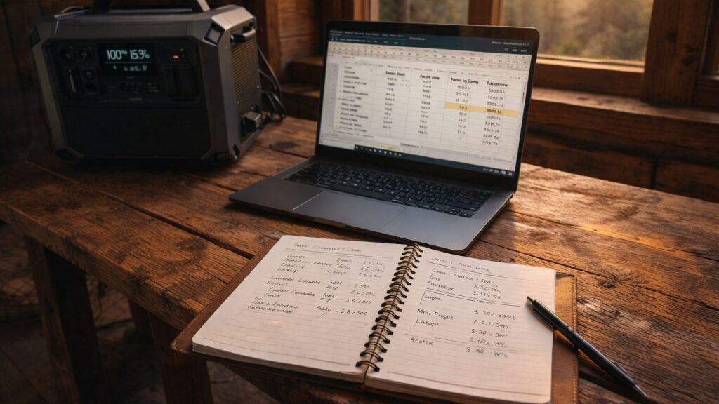 Off-grid solar generator planning setup with notebook calculations and energy usage tracking