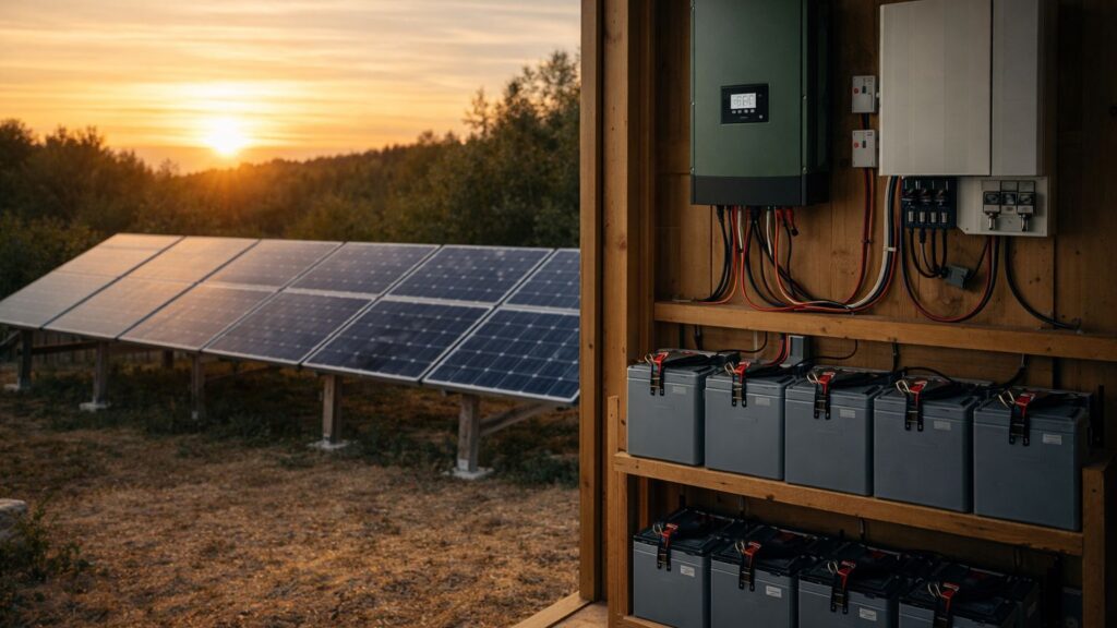 organized off-grid solar and battery system with clean wiring and aligned panels at sunset