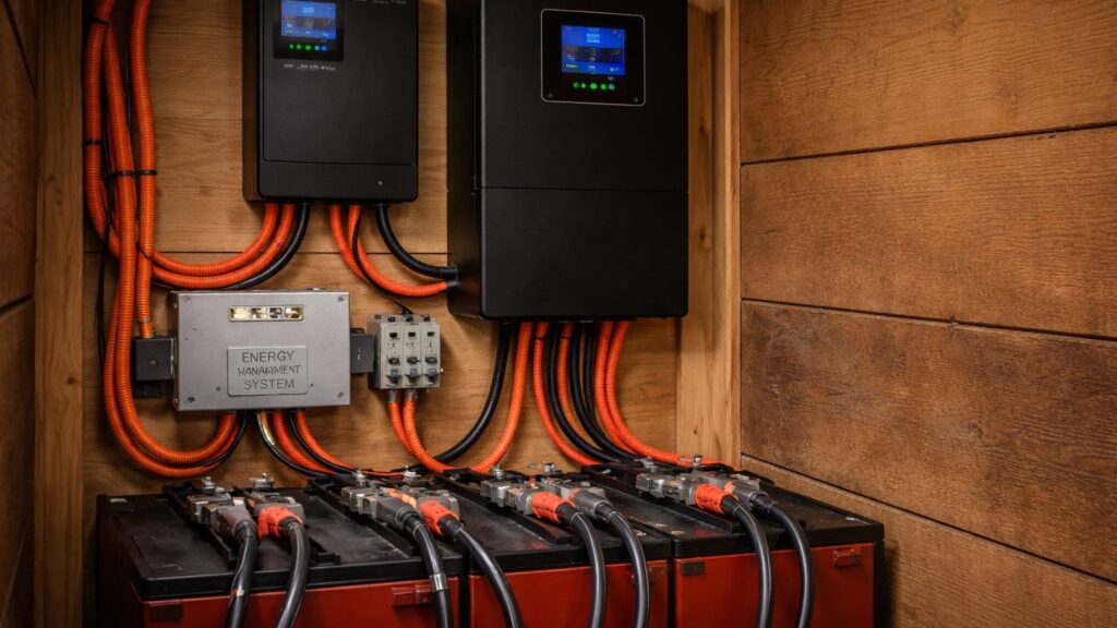 Fully installed off-grid battery bank and inverter system with clean wiring inside a utility room