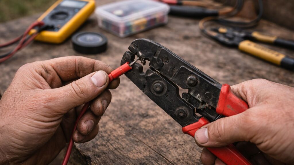Hands using a crimping tool to secure a wire connector in an off-grid electrical repair setup