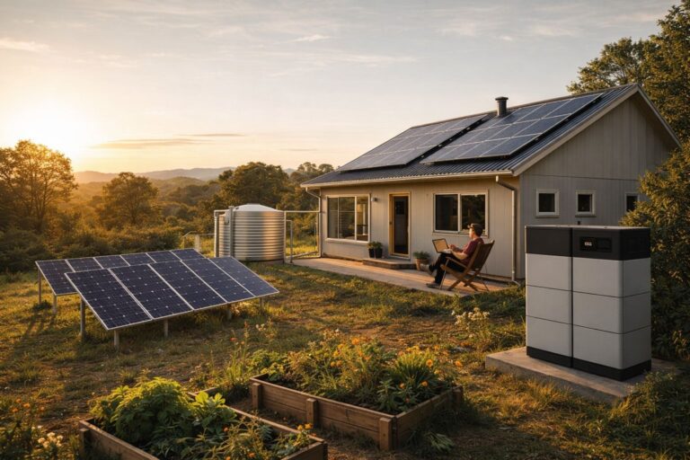 off grid home with solar panels battery system and water storage demonstrating energy independence