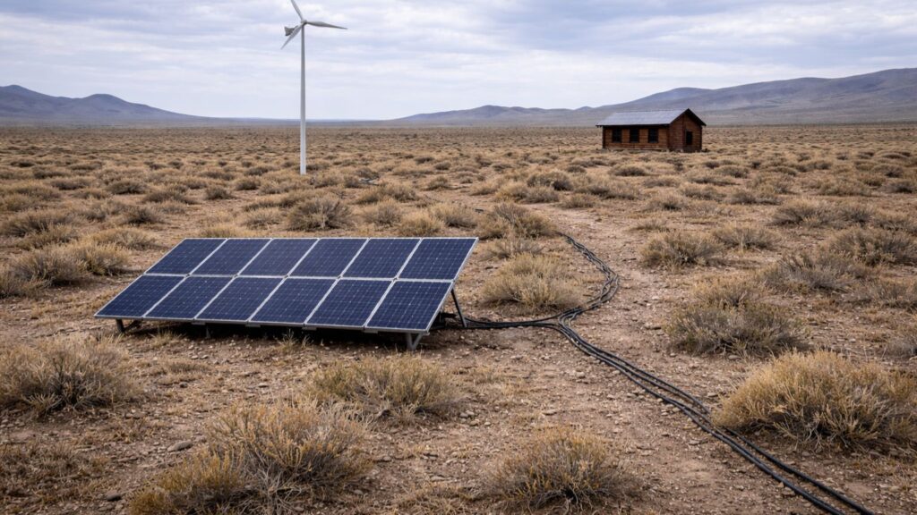 Off-grid homestead with solar panels and wind turbine powering a remote cabin in a dry landscape