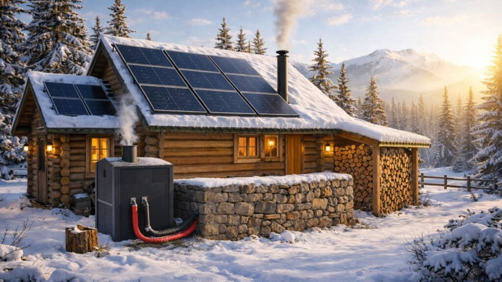 Off-grid cabin with hybrid heating system including solar panels, and thermal mass wall in winter
