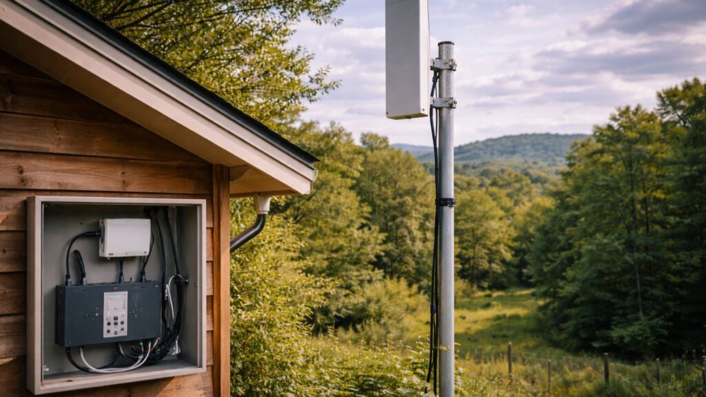 lte booster antenna mounted high improving cellular signal at off grid property