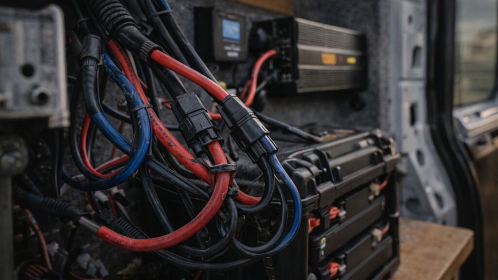 close up of wiring and connectors showing wear and stress inside mobile off grid battery system