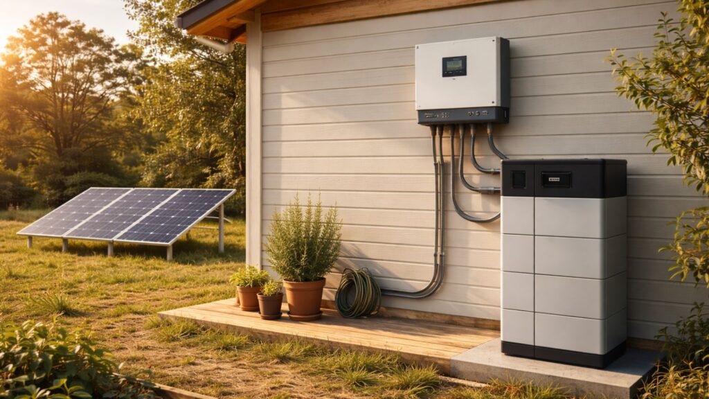 clean off-grid solar system with inverter and lithium battery installed on home exterior