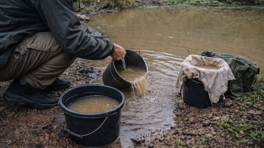 Person collecting muddy pond water and pre-filtering it through cloth into containers in a wilderness setting