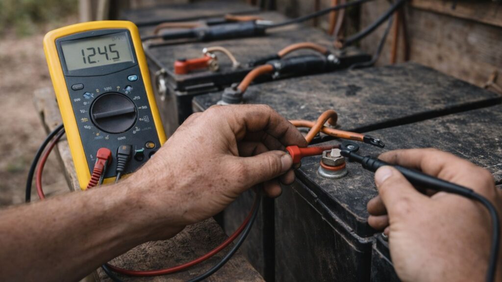 using a multimeter to measure voltage on an off-grid battery system