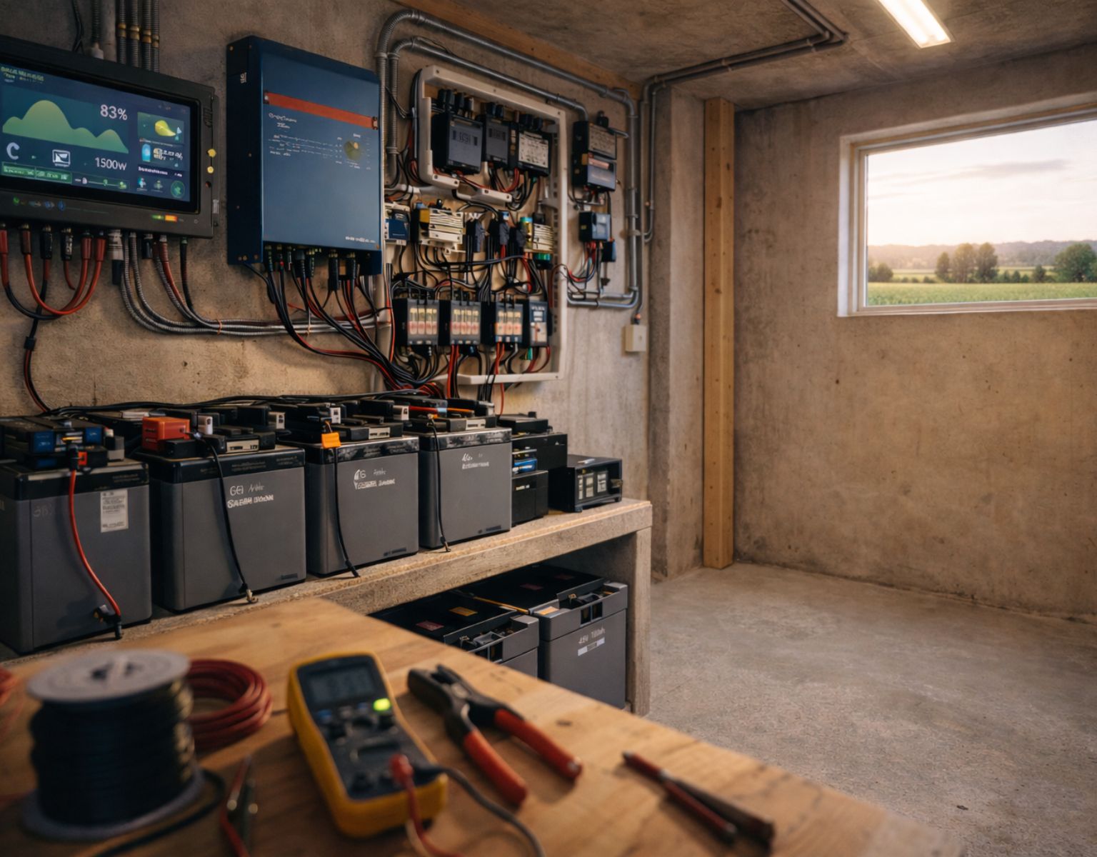 off grid lithium battery system with hybrid inverter smart energy monitoring and organized wiring installation