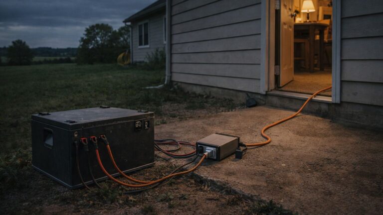 portable off-grid battery system supplying backup power to a rural home during an outage