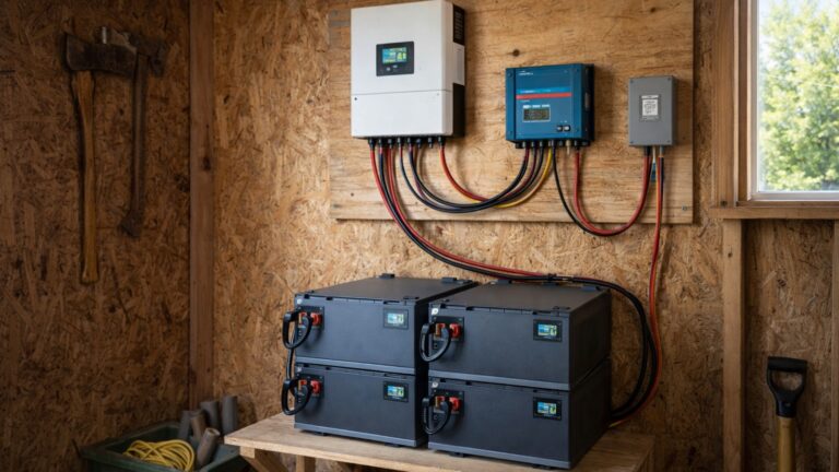 off grid lithium battery bank with inverter and solar charge controller installed in cabin utility room
