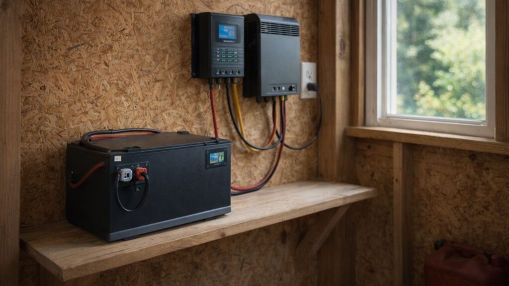 Small off-grid lithium battery setup with inverter and charge controller inside a cabin