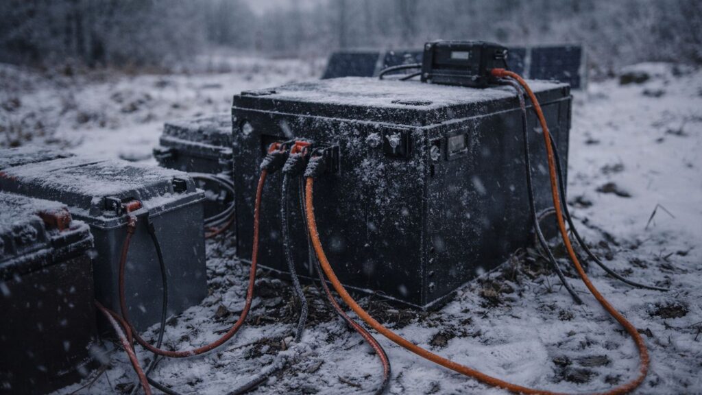 Off-grid battery system exposed to cold winter conditions with frost and snow affecting performance