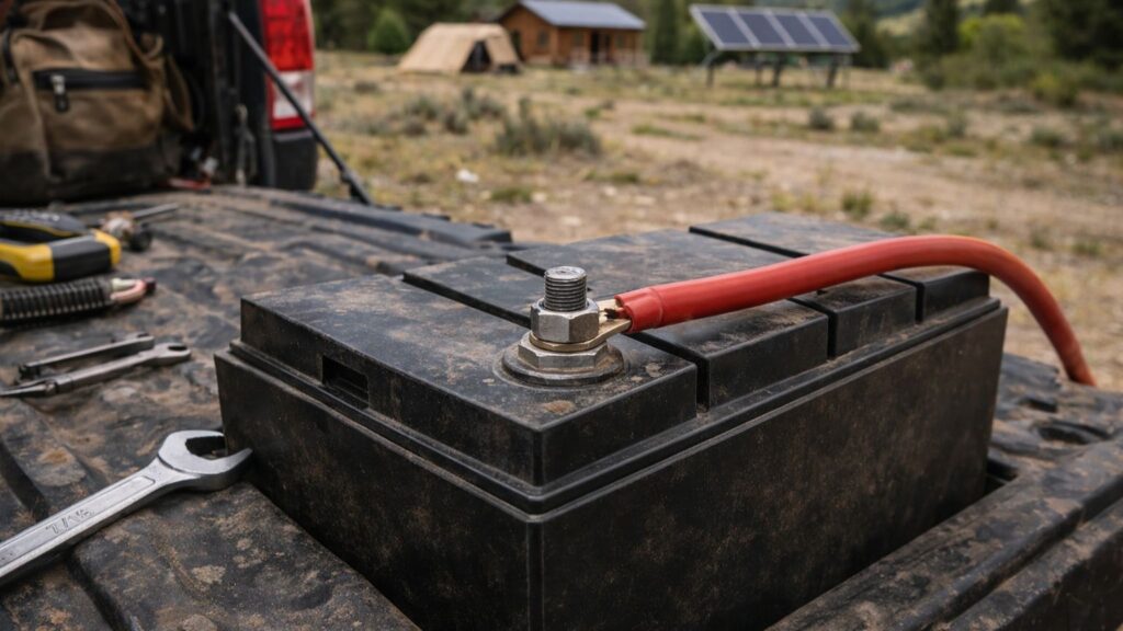 Clean and properly secured off-grid battery terminal connection outdoors on a truck tailgate with tools nearby