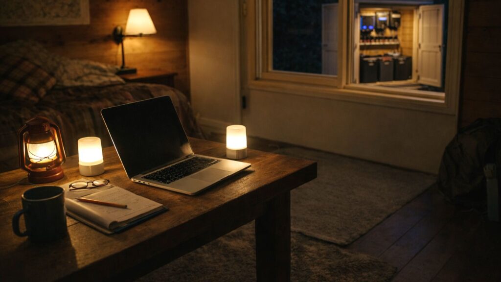 Off-grid cabin at night with laptop and lights running while a battery system is visible inside an outdoor shed through a window