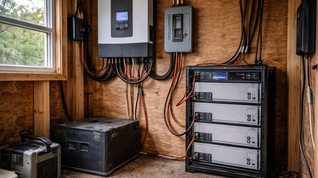 Complete off-grid battery and inverter system installed in a utility shed with rack batteries and wiring