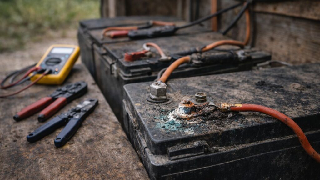 Corroded and loose battery terminal in an off-grid system showing a common electrical failure point