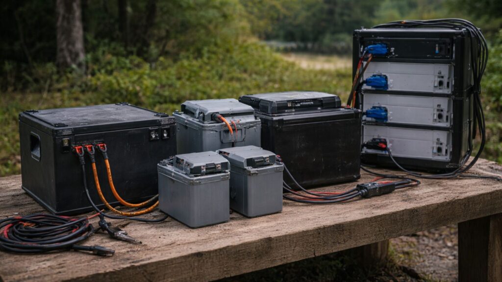 Different off-grid battery types including AGM and lithium packs arranged on a workbench in a rural outdoor setting