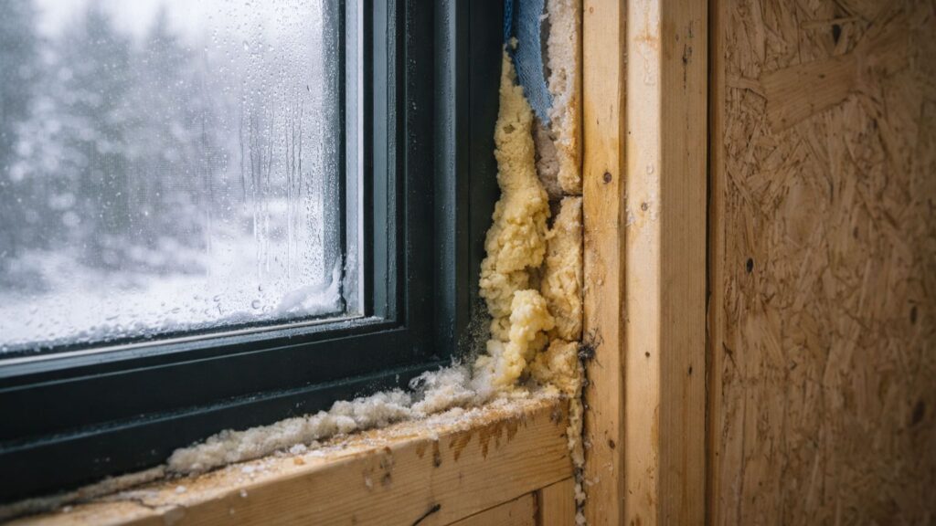 poorly sealed cabin window showing air leaks condensation and thermal bridging issues