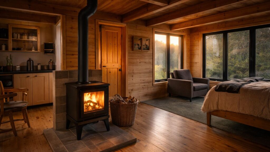 interior of off grid cabin showing wood stove placement and natural heat distribution