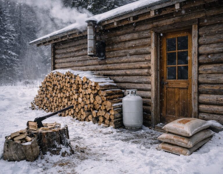 off grid cabin winter heating wood stove propane tank firewood stack snowy environment