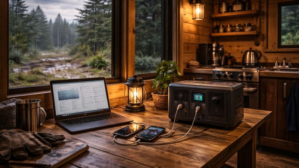 off grid cabin interior with lights on devices charging after storm outside