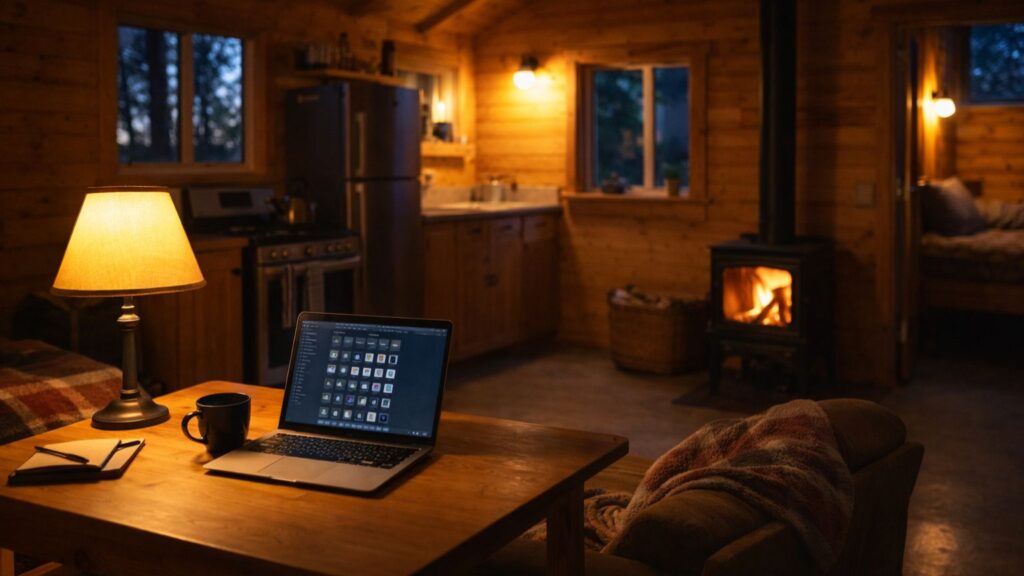 Off-grid cabin interior at night with lights, laptop, and appliances running on battery power