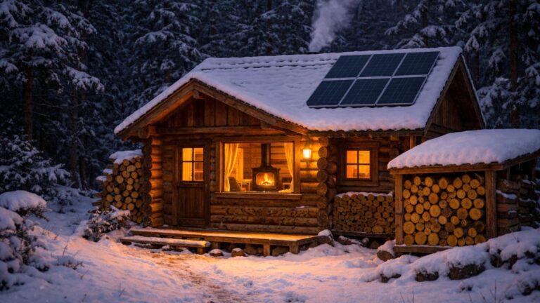 Off-grid cabin in winter with wood stove heating and solar panels in snowy forest