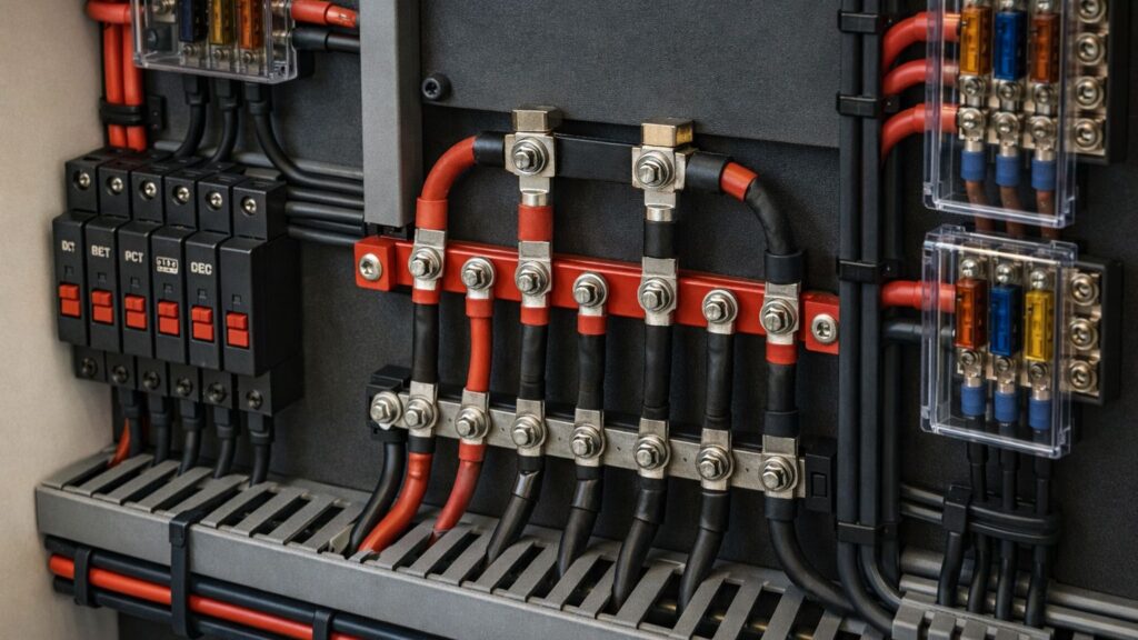 Close-up of organized off-grid electrical components with clean wiring, busbars, and properly installed connections