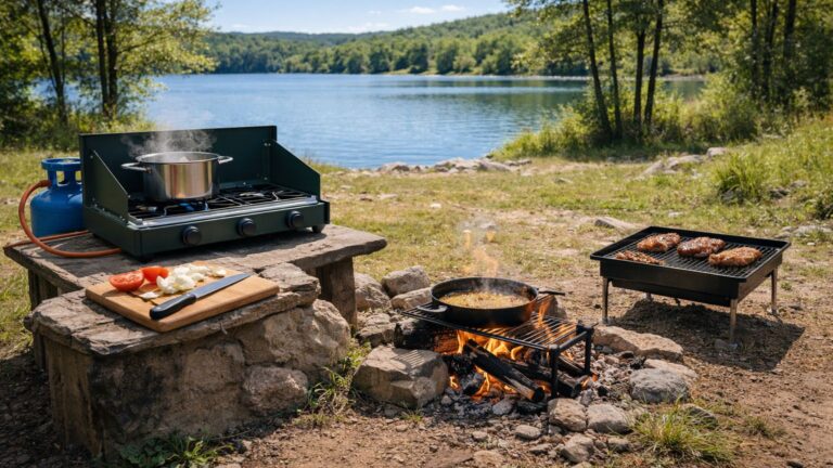 Off-grid cooking setup by a lake using propane stove, fire pit, and portable grill on a sunny day