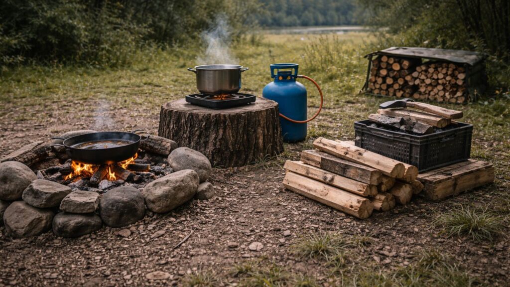 Multiple off-grid cooking systems set up together including propane stove, wood fire cooking, and stored firewood