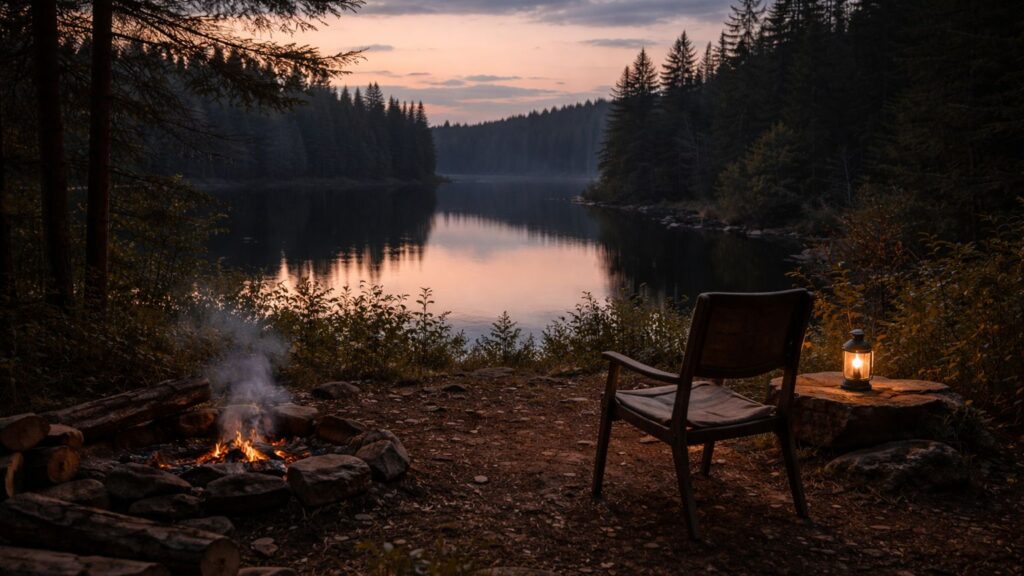 Quiet off-grid lakeside at dusk with a chair, small fire, and lantern creating a calm reflective atmosphere