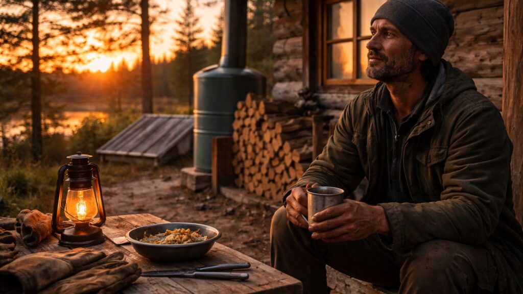 off-grid homesteader resting outside cabin at sunset with lantern, simple meal, and stacked firewood