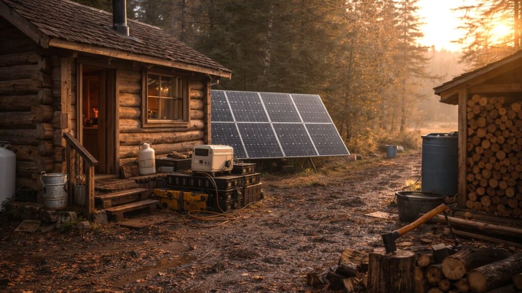 Well-maintained off-grid homestead with organized woodpile, solar panels, and functional outdoor setup