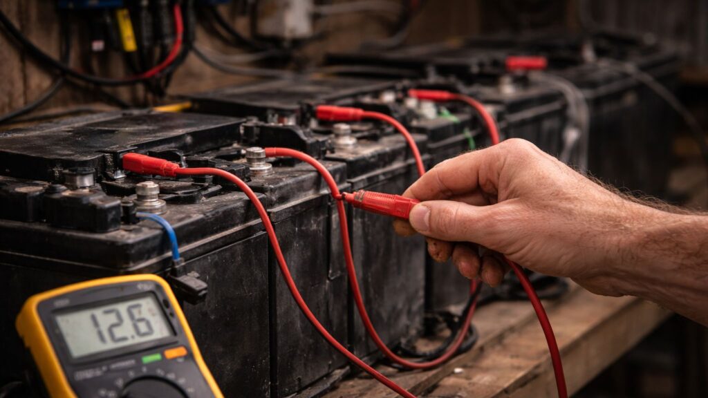 single hand using multimeter probe to test voltage on off grid battery system