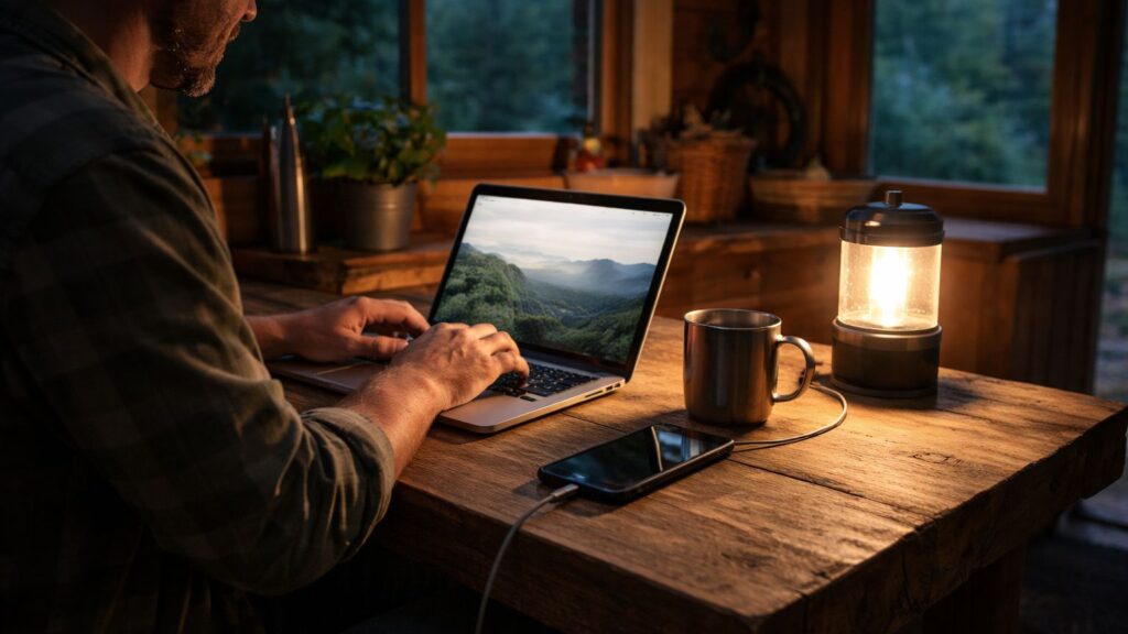 Person using a laptop with LED light and phone charging inside an off-grid cabin at night
