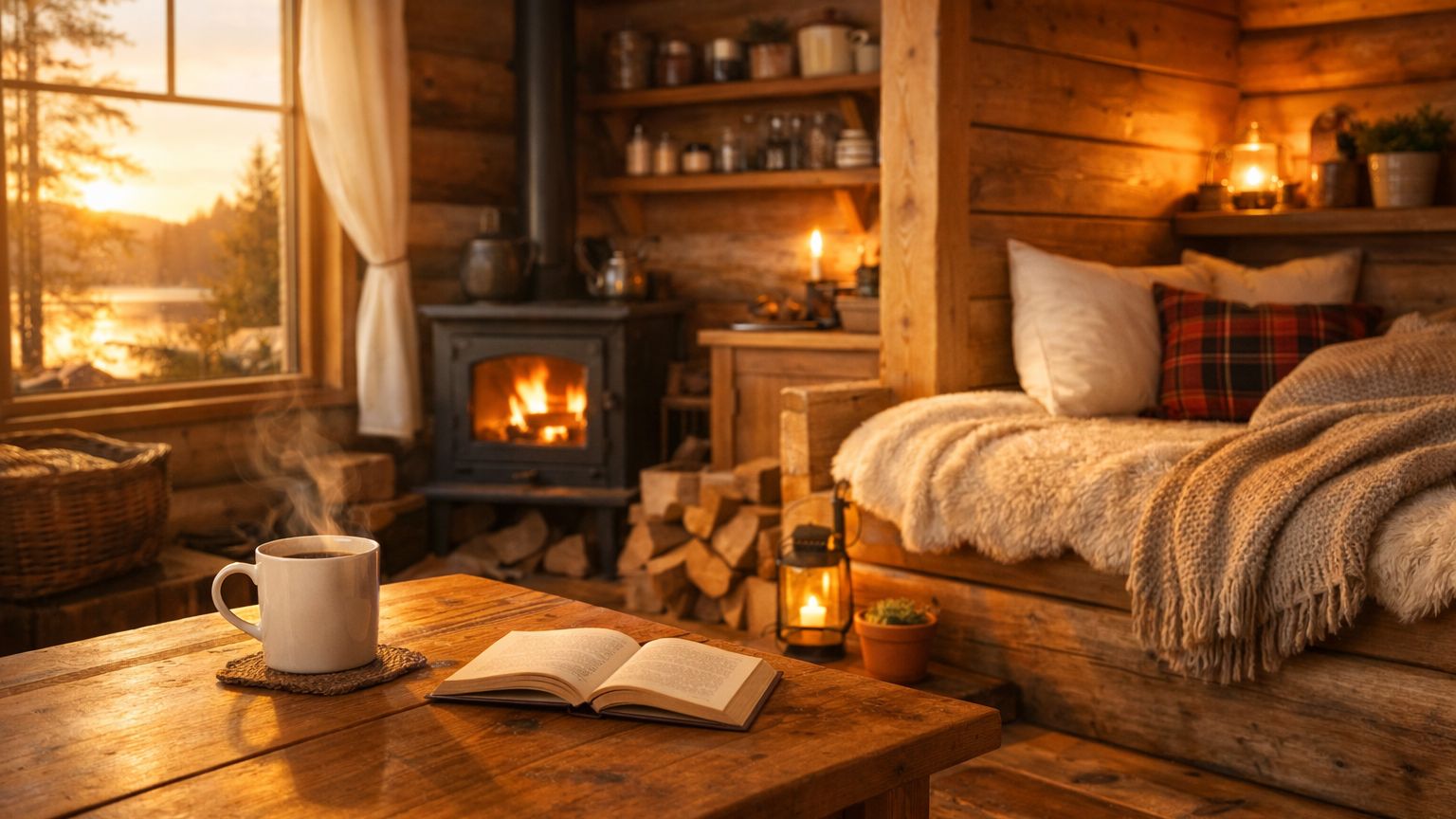 perfectly styled off-grid cabin interior with warm lighting, coffee mug, and cozy setup resembling social media aesthetic