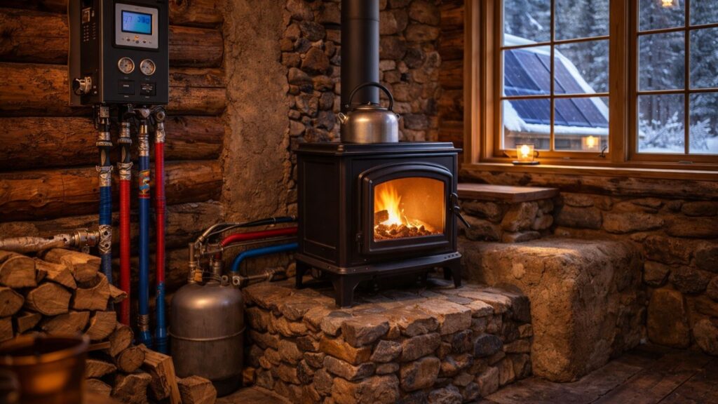 Off-grid cabin heating system with wood stove, thermal mass, and integrated piping designed for low maintenance
