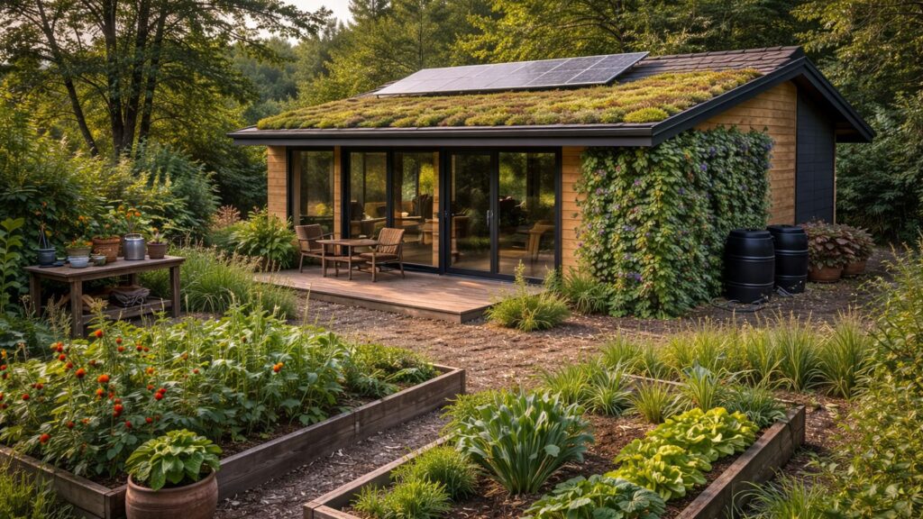off grid cabin with green roof rainwater collection tanks and irrigation feeding living wall