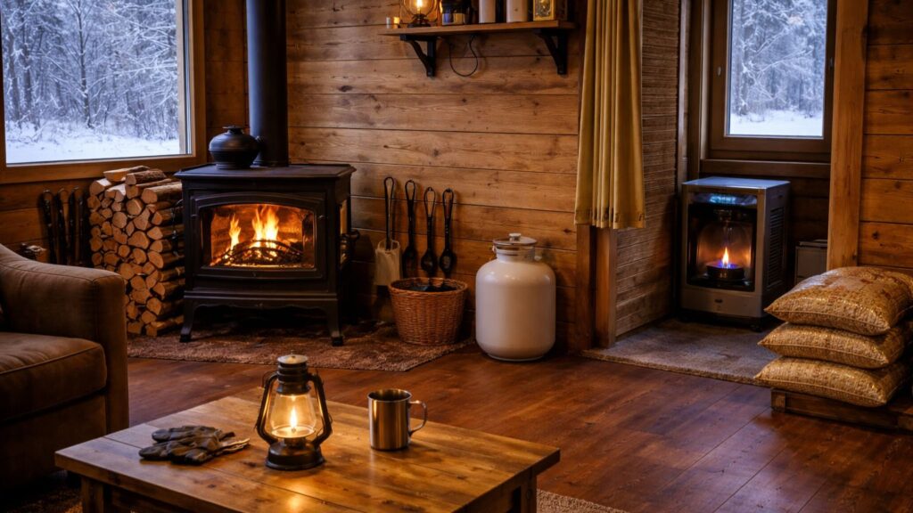 off grid cabin using wood stove as primary heat with propane heater and pellet fuel as backup