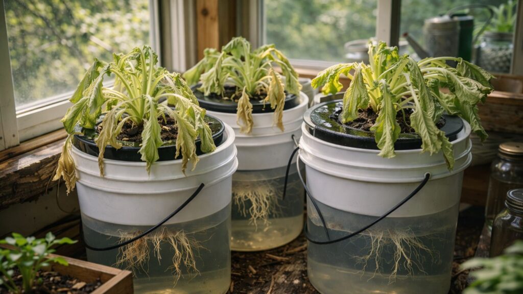 hydroponic plants showing stress from low water levels in off grid growing system