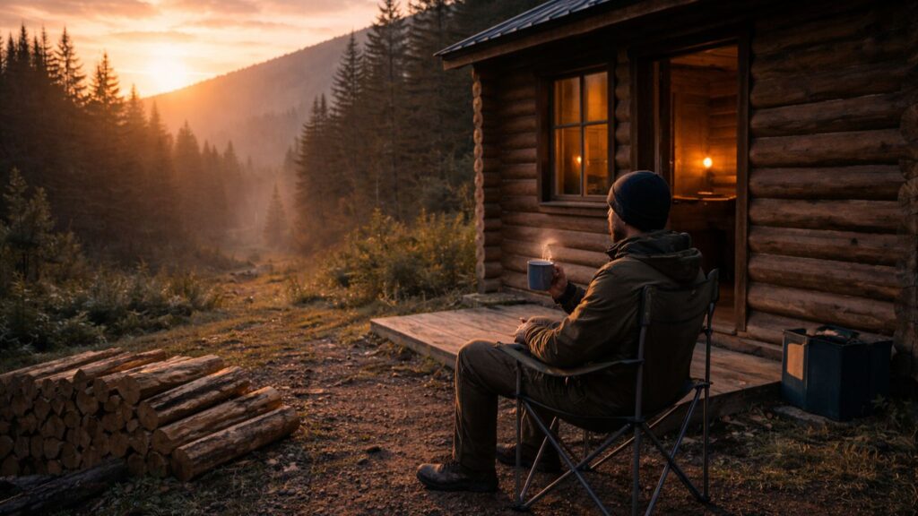Person enjoying a peaceful sunrise morning outside an off-grid cabin with a cup of coffee