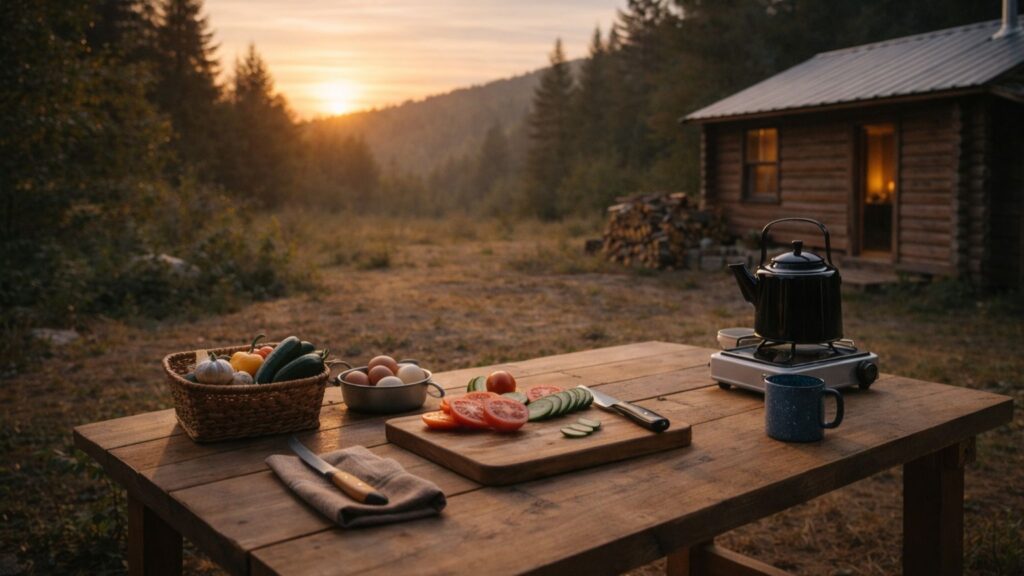 Peaceful off-grid outdoor setup with simple meal preparation and organized tools at sunrise