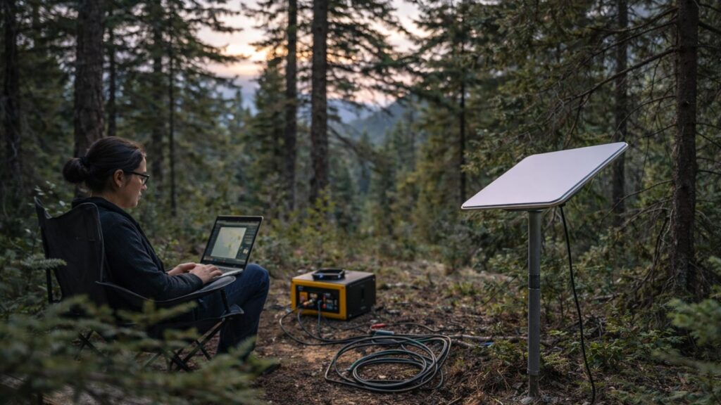 off grid internet setup in forest with satellite dish laptops and portable power station